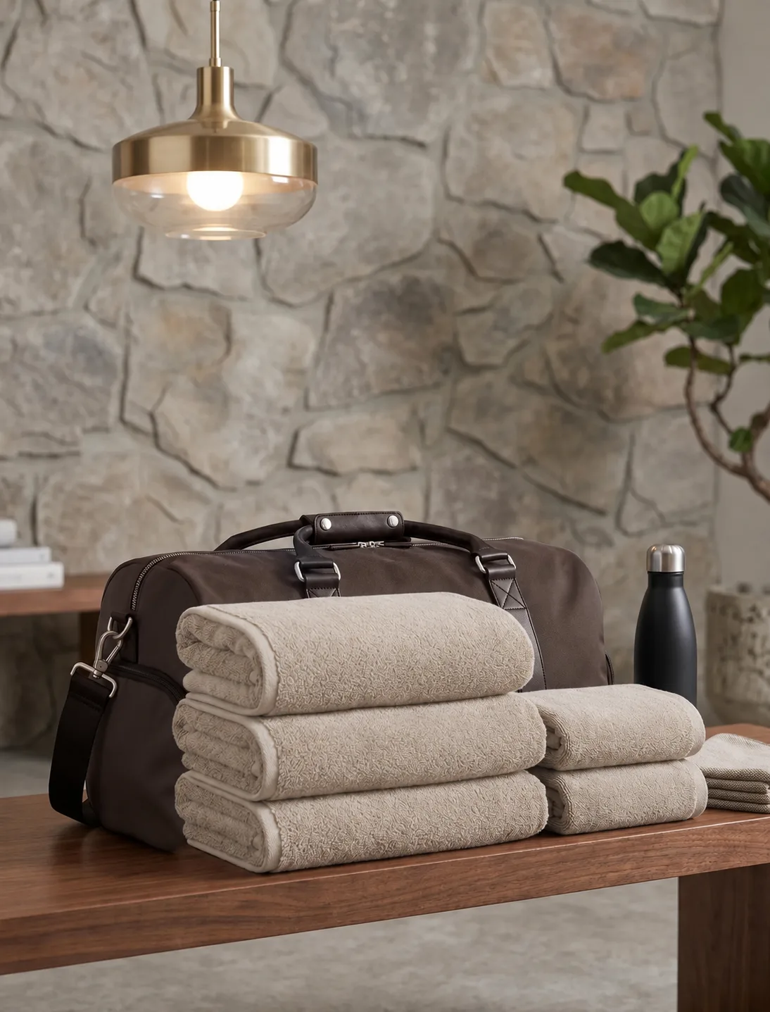 Vestiaires Encore Studio : sac de sport, serviettes brodées du logo et gourde sur un banc en bois devant un mur de pierre